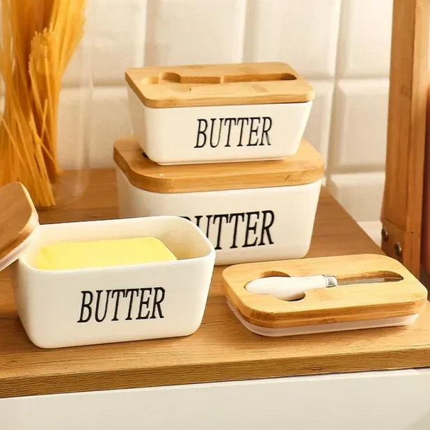 Premium Butter Dish and Cheese Board Set with Wooden Base and Knife