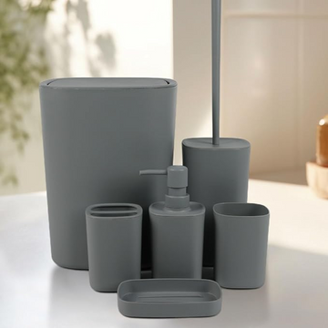6-Piece Luxury Modern Bathroom Set – Plastic Soap Dispenser, Toothbrush Holder & Full Essentials
