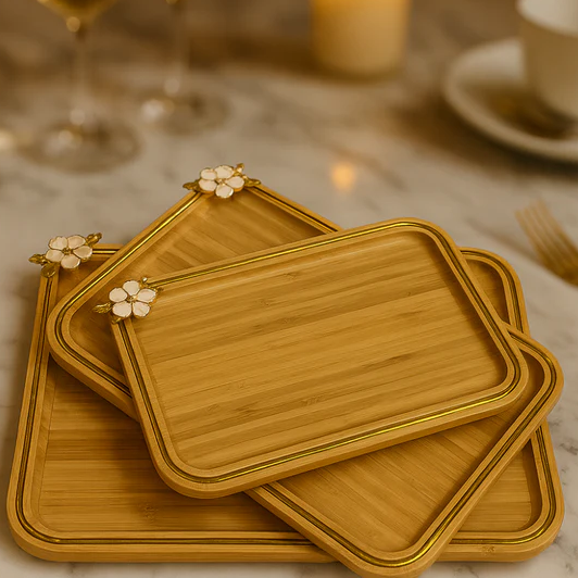 Luxury Floral Corner Bamboo Tray Set