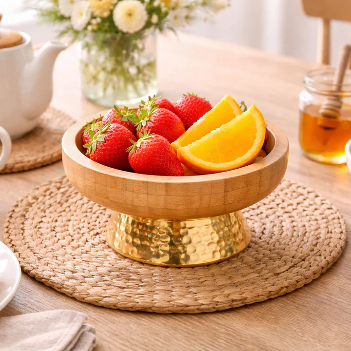 Round Bamboo Cake Stand and Fruit Bowl with Gold Pedestal Base