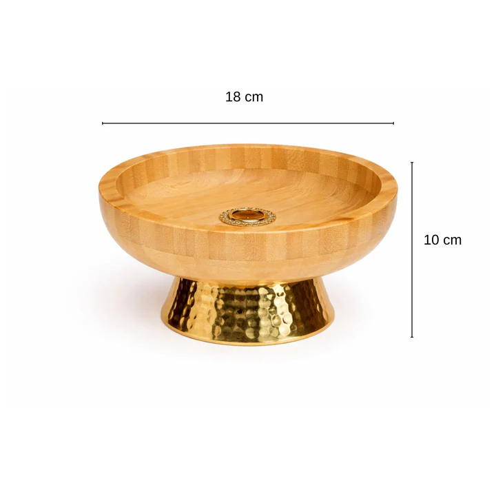 Round Bamboo Cake Stand and Fruit Bowl with Gold Pedestal Base