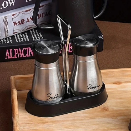 Contemporary Kitchen Table Cruet Set for Salt and Pepper with Chrome Carrying Rack