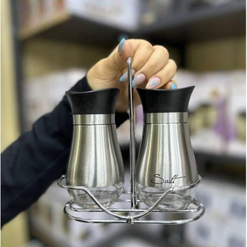 Contemporary Kitchen Table Cruet Set for Salt and Pepper with Chrome Carrying Rack