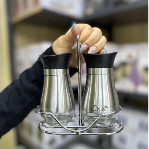 Contemporary Kitchen Table Cruet Set for Salt and Pepper with Chrome Carrying Rack