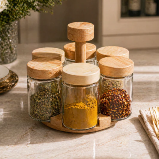 Rotating Wooden Lazy Susan Seasoning Holder Set with Wooden Lids for Kitchen Countertop Storage