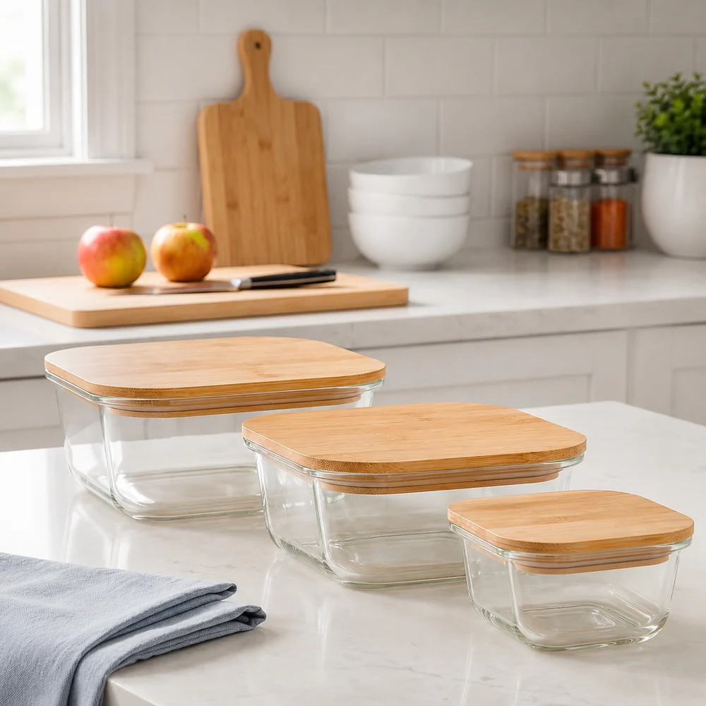 Square Glass Storage Box Set with Organic Bamboo Lids – 4-Piece Airtight Food Containers