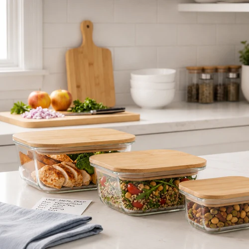 Square Glass Storage Box Set with Organic Bamboo Lids – 4-Piece Airtight Food Containers