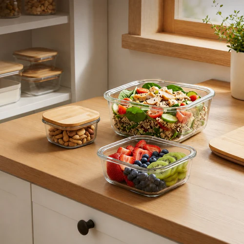 Square Glass Storage Box Set with Organic Bamboo Lids – 4-Piece Airtight Food Containers