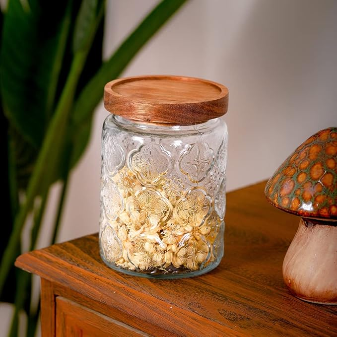 Vintage Pattern Glass Airlock Jar with Wooden Lid - 750ml - 24OZ | Round