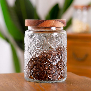 Vintage Pattern Glass Airlock Jar with Wooden Lid - 750ml - 24OZ | Round
