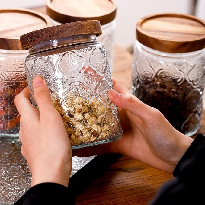 Vintage Pattern Glass Airlock Jar with Wooden Lid - 750ml - 24OZ | Round