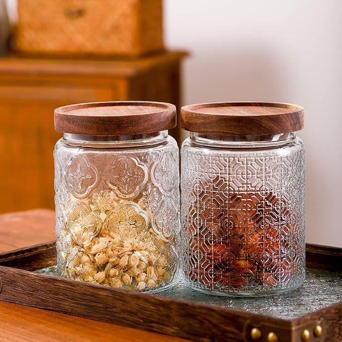 Vintage Pattern Glass Airlock Jar with Wooden Lid - 750ml - 24OZ | Round