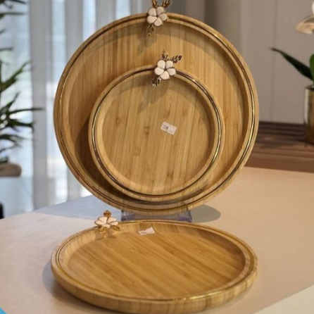 Round Bamboo Serving Trays Set of 3 with Gold Trim