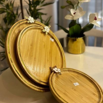 Round Bamboo Serving Trays Set of 3 with Gold Trim