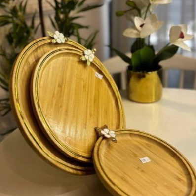 Round Bamboo Serving Trays Set of 3 with Gold Trim