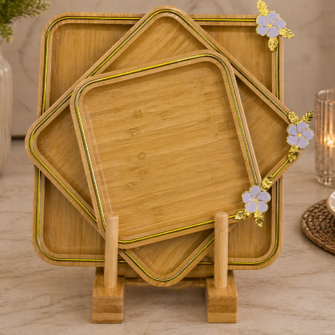 Square Bamboo Serving Trays Set of 3 with Gold Trim