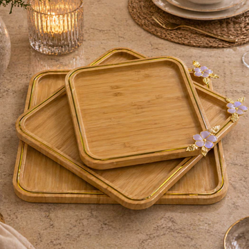Square Bamboo Serving Trays Set of 3 with Gold Trim