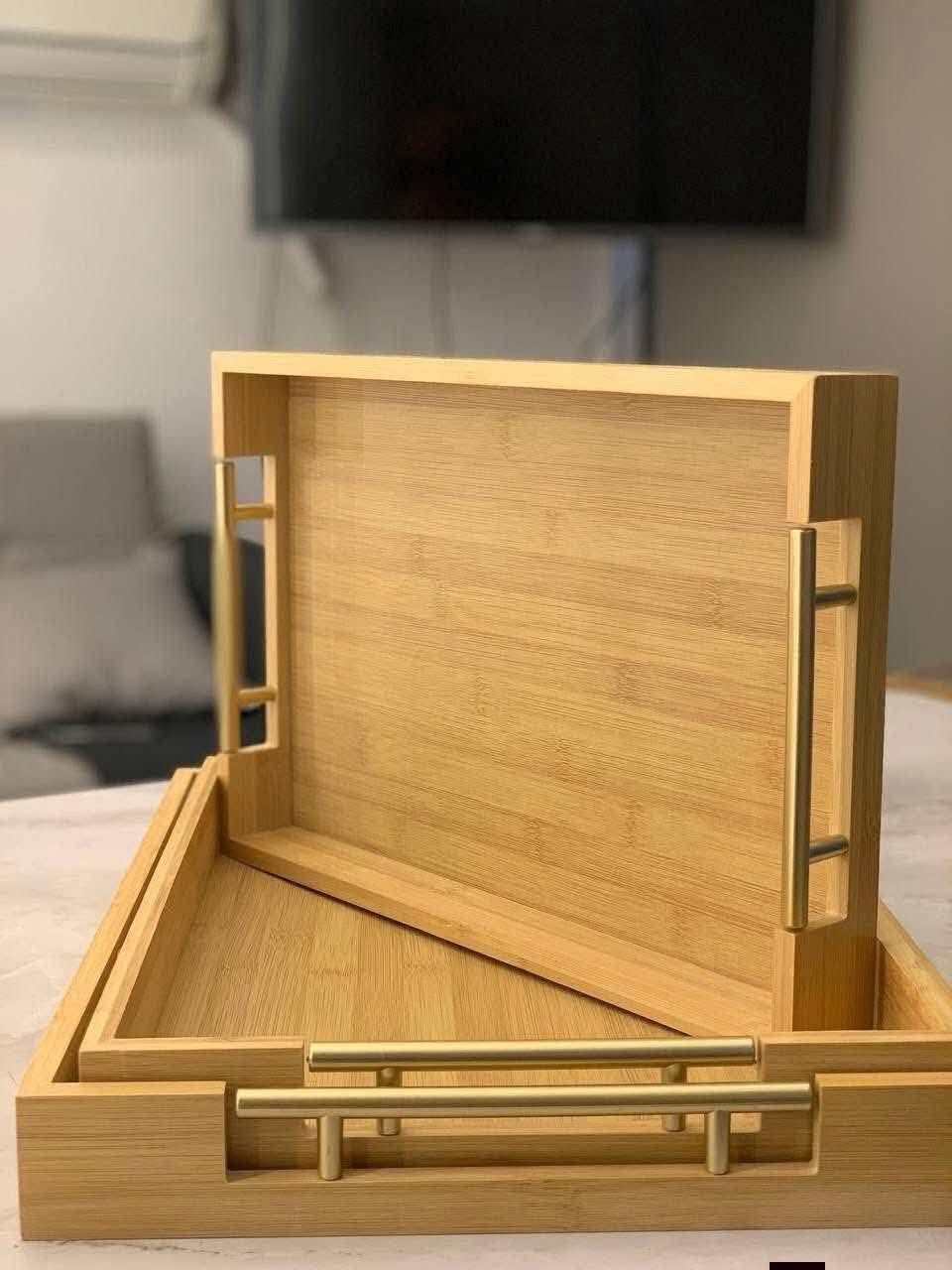 Rectangular Wooden Serving Trays Set with Gold Handles