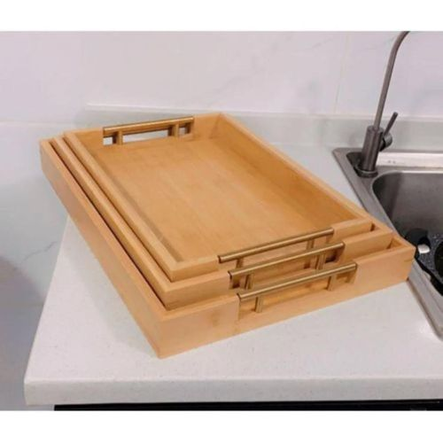 Rectangular Wooden Serving Trays Set with Gold Handles