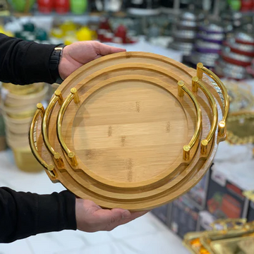 Eco-Friendly Bamboo Nesting Serving Platters with Polished Gold Metal Handles