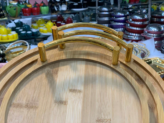 Eco-Friendly Bamboo Nesting Serving Platters with Polished Gold Metal Handles