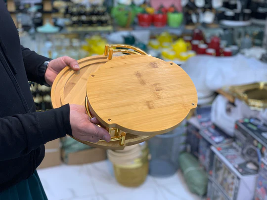 Eco-Friendly Bamboo Nesting Serving Platters with Polished Gold Metal Handles