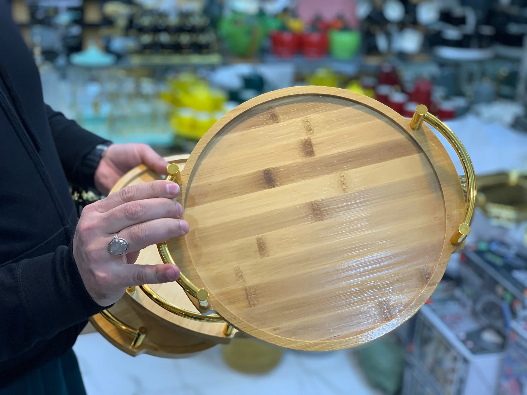 Eco-Friendly Bamboo Nesting Serving Platters with Polished Gold Metal Handles