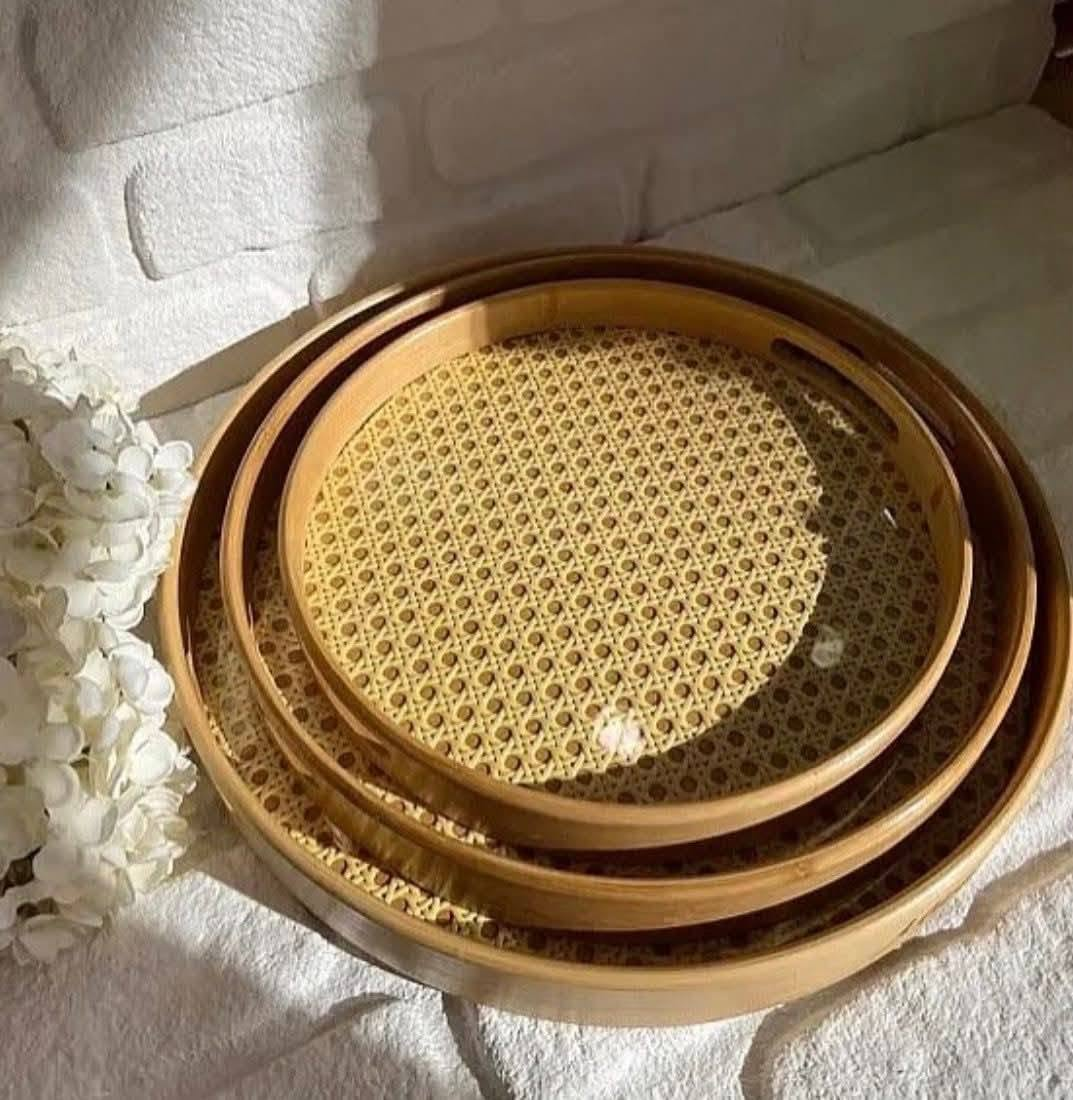 Boho Chic Woven Rattan Round Tray Set