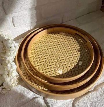 Boho Chic Woven Rattan Round Tray Set