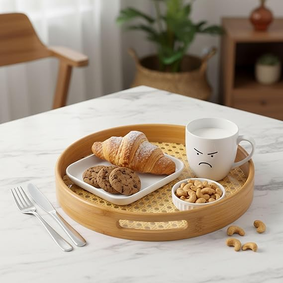 Boho Chic Woven Rattan Round Tray Set