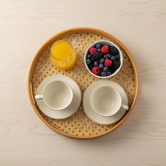 Boho Chic Woven Rattan Round Tray Set