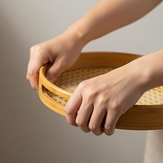 Boho Chic Woven Rattan Round Tray Set