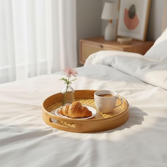 Boho Chic Woven Rattan Round Tray Set