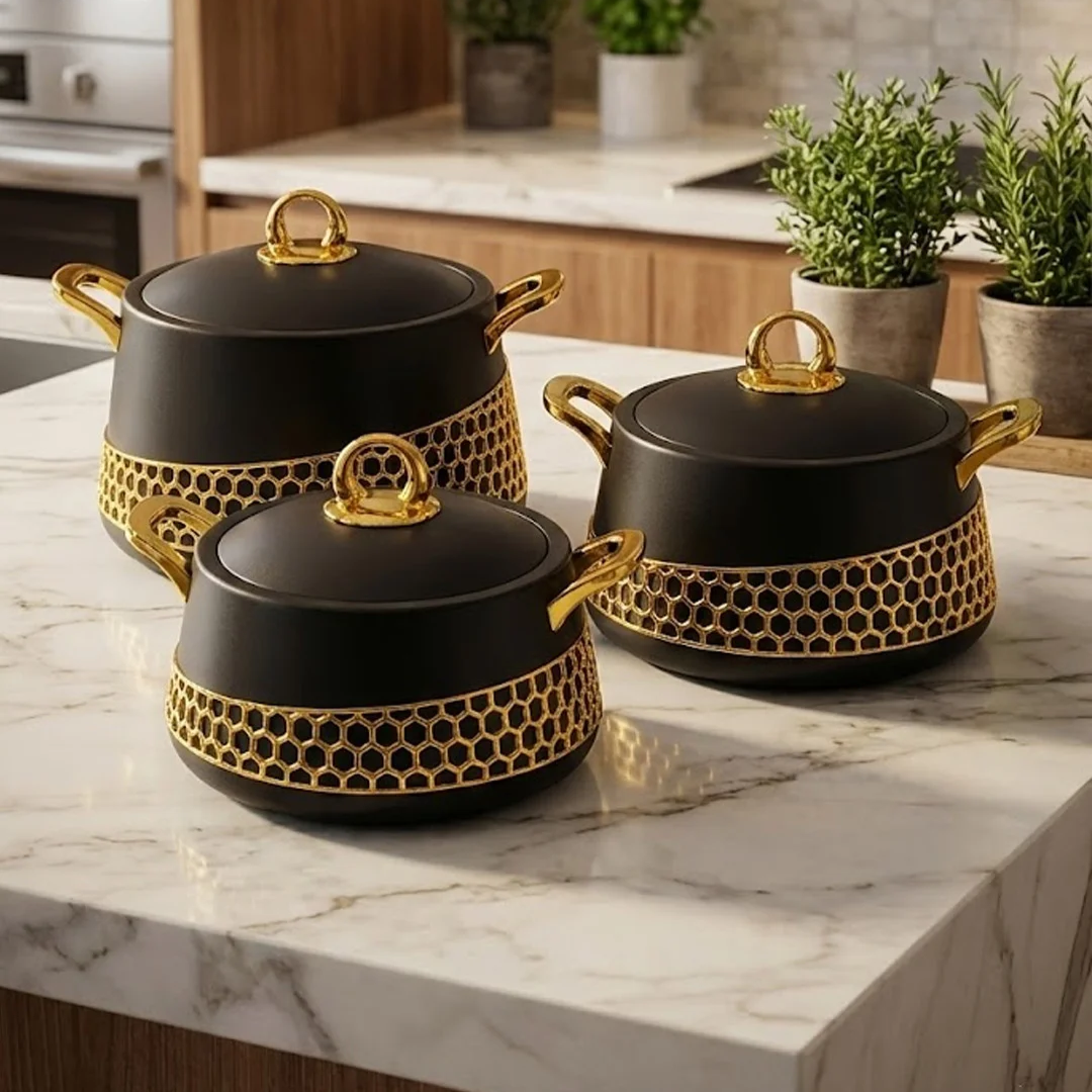 Luxury 3-Piece Carbon Fiber Cookware Set with Gold Honeycomb Inlay