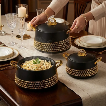 Elegant Matte Black & Gold Hot Pot Set of 3