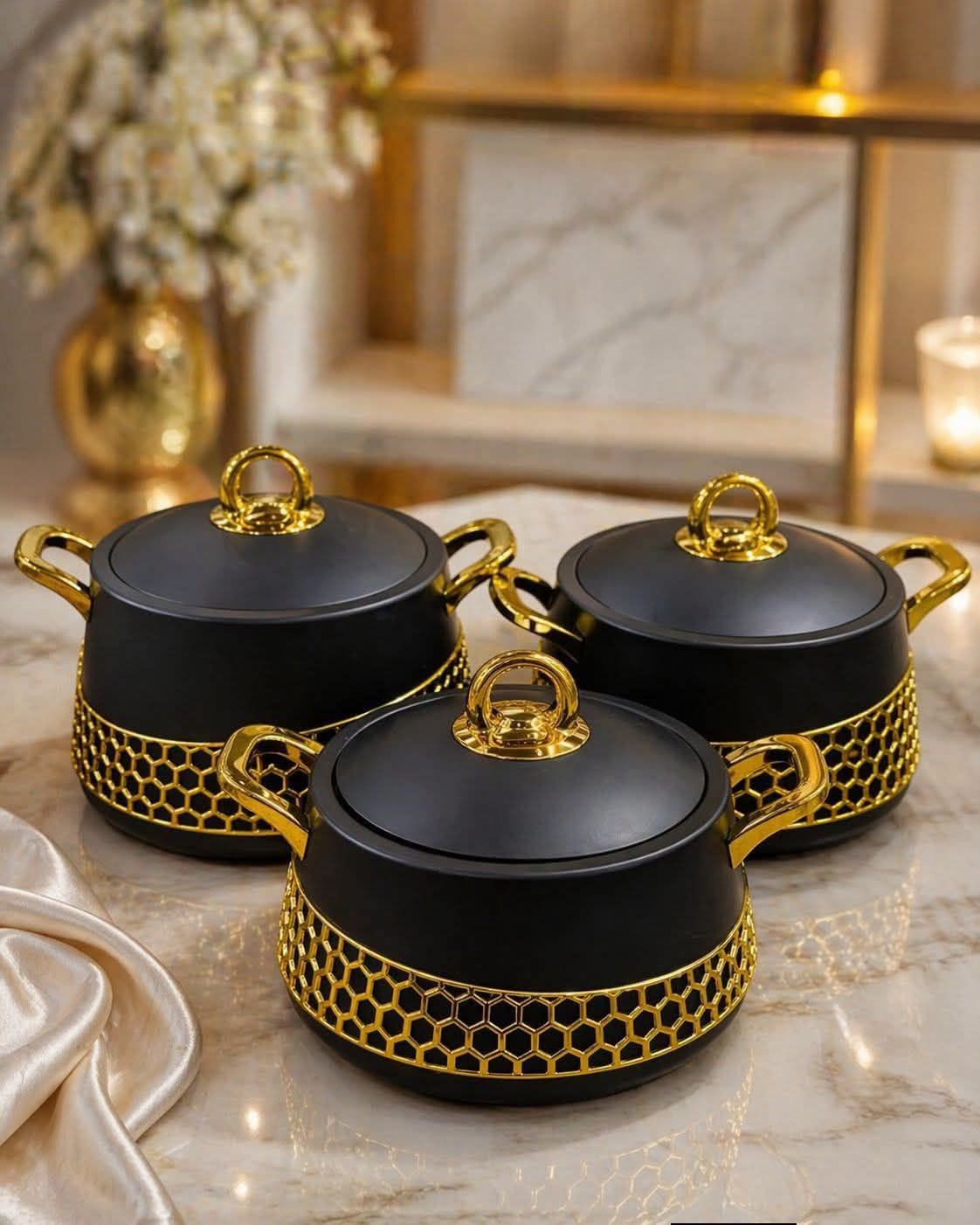 Elegant Matte Black & Gold Hot Pot Set of 3