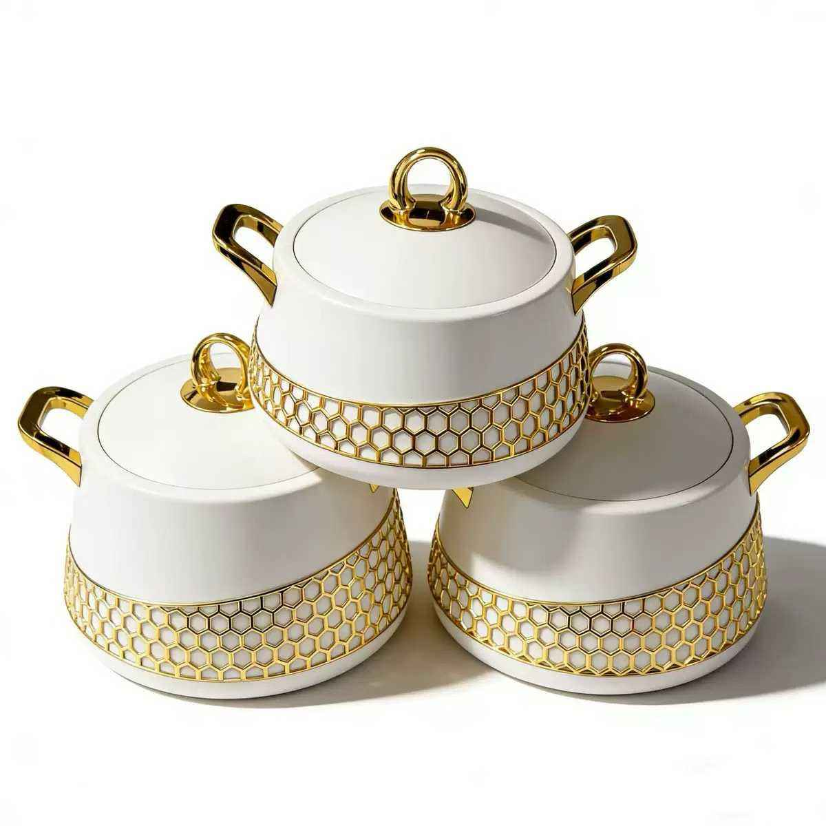 Premium 3-Piece Solid White & Gold Honeycomb Insulated Food Warmer Set