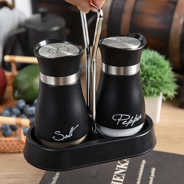 Labeled Matte Black Spice Jars with Stainless Steel Lids and Metal Caddy Stand
