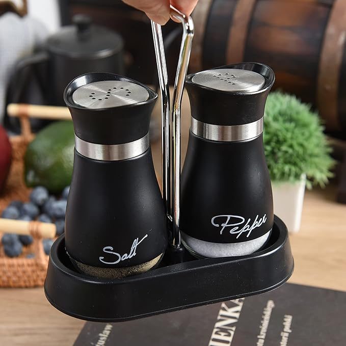 Labeled Matte Black Spice Jars with Stainless Steel Lids and Metal Caddy Stand