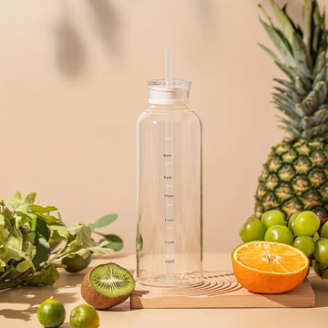 Minimalist Clear Glass Milk Bottle with Straw & Lid