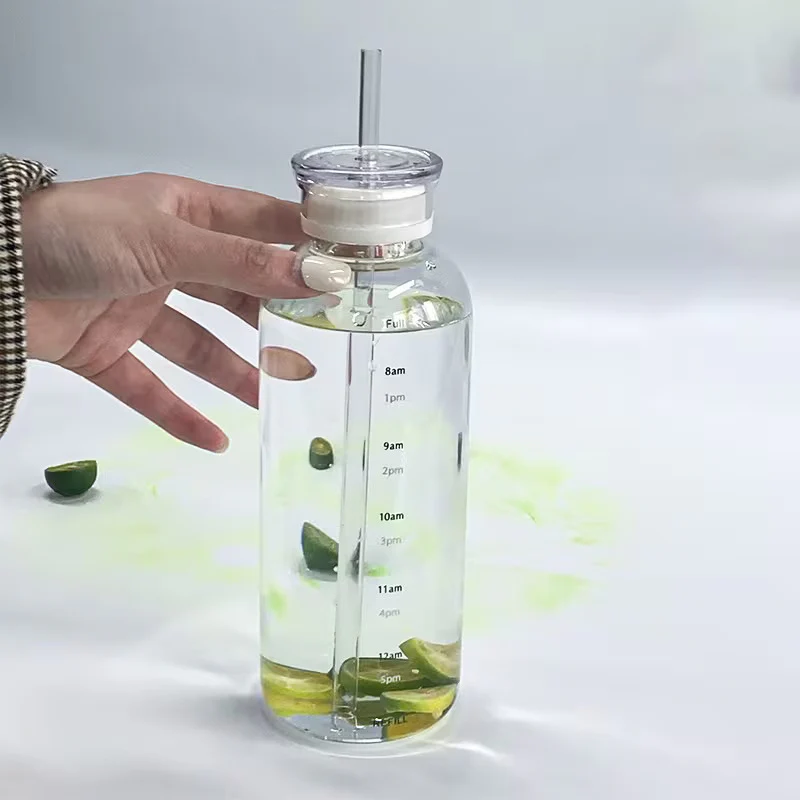 Minimalist Clear Glass Milk Bottle with Straw & Lid