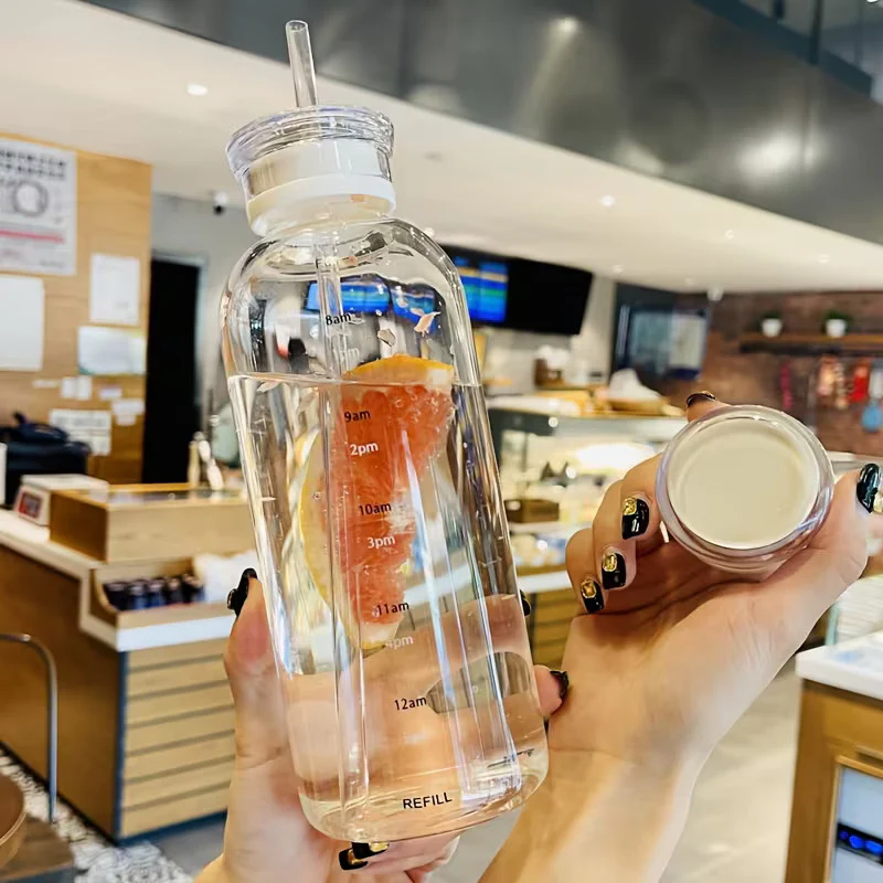 Minimalist Clear Glass Milk Bottle with Straw & Lid