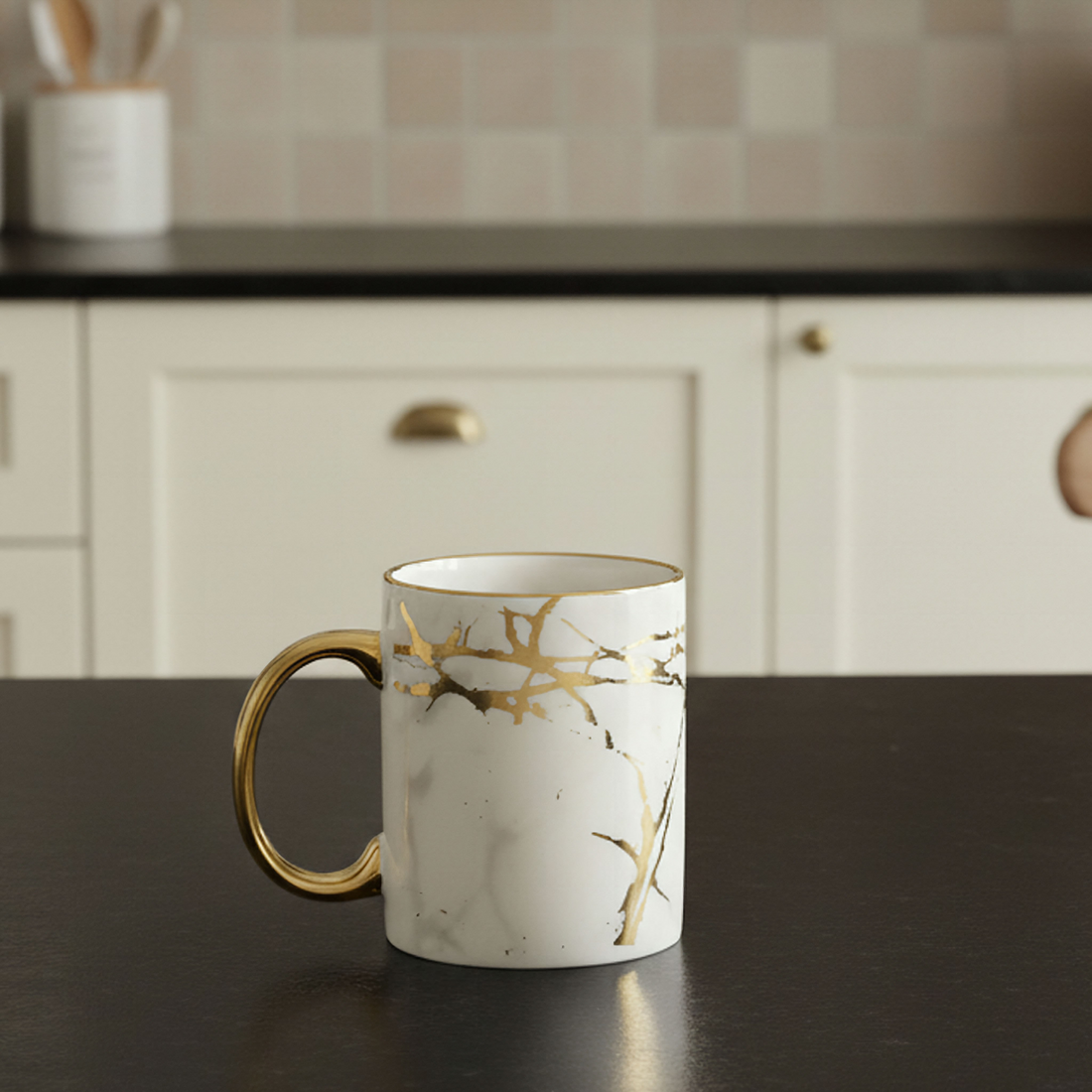 Elegant White and Gold Porcelain Tea Cups with Metallic Handles