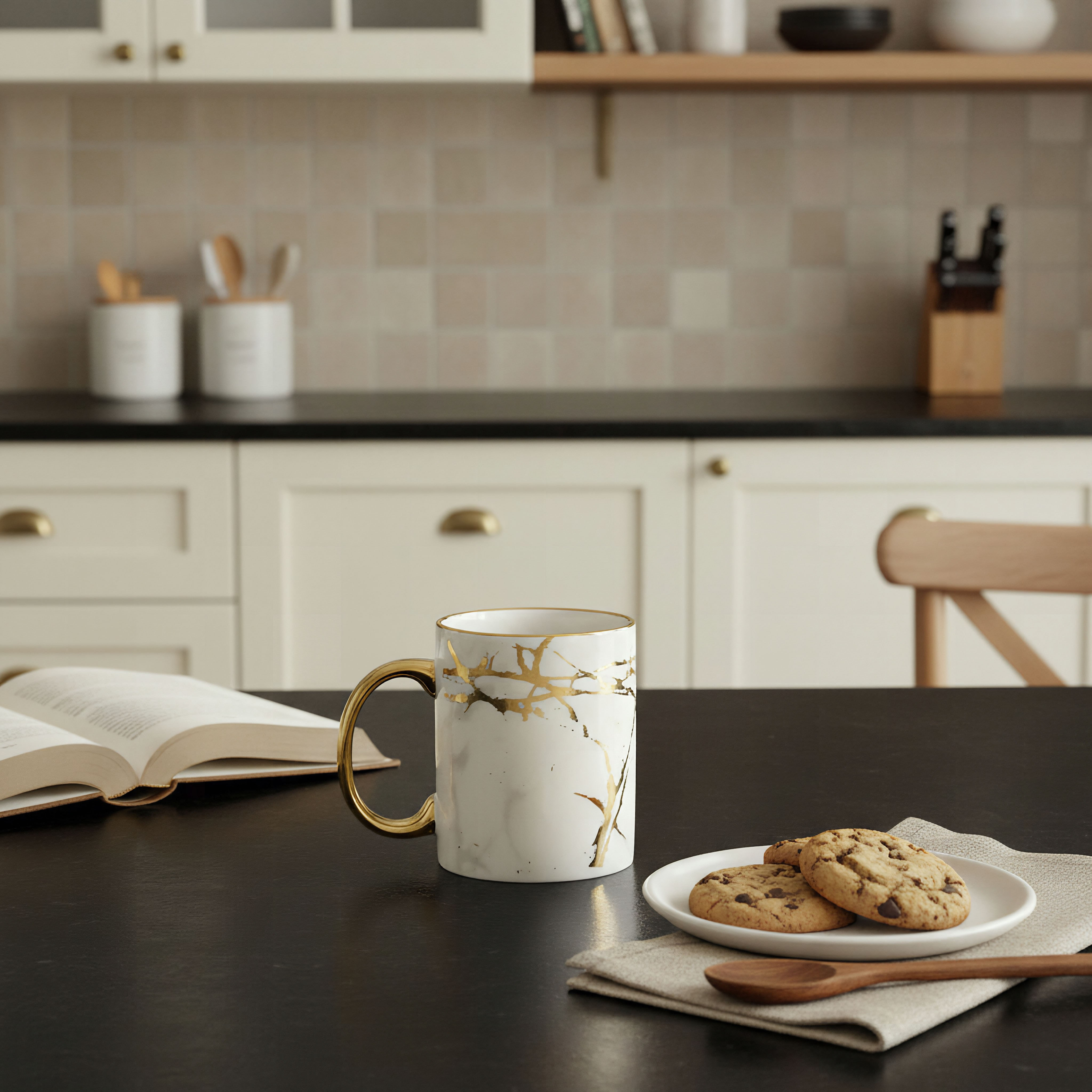 Elegant White and Gold Porcelain Tea Cups with Metallic Handles