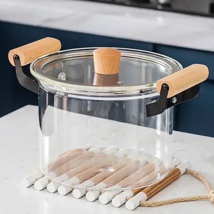 Professional Glass Cooking Pots With Heavy Wooden Handles
