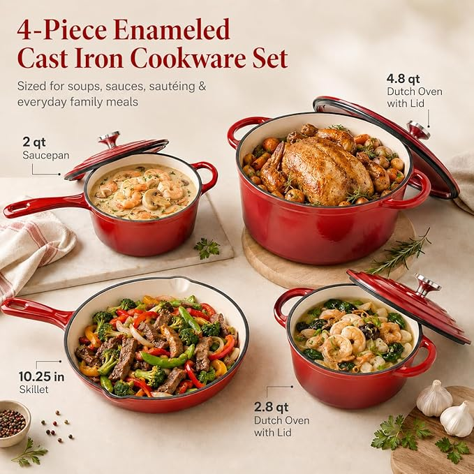 7pcs Cast Iron Enamel Cookware Set - Red