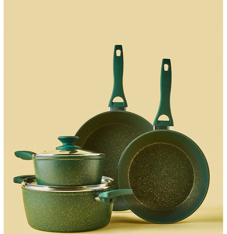 Illa 7 Piece Bio Cook Oil Regular Bottom Cookware Set - Non-Stick, Aluminum in Green | (Made In ITALY)