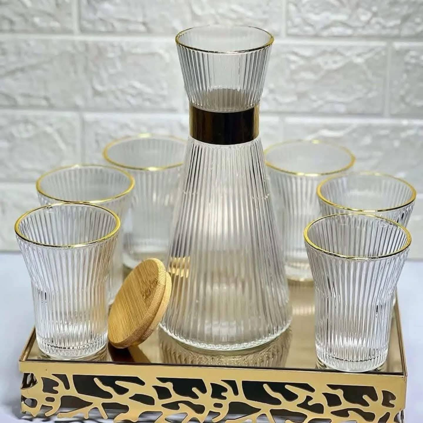 7-Piece Ribbed Glass Water Pitcher and Tumbler Set with Gold Rim