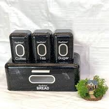 Black Speckled Granite Bread Box with 3 Matching Canisters for Tea, Coffee, Sugar