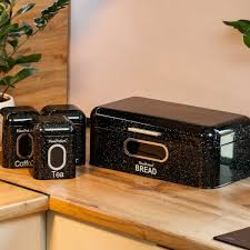 Black Speckled Granite Bread Box with 3 Matching Canisters for Tea, Coffee, Sugar